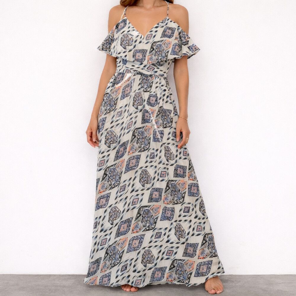 Vince Camuto Maxi Dress Womens 0 Geometric Spaghetti Strap Flowy Resort